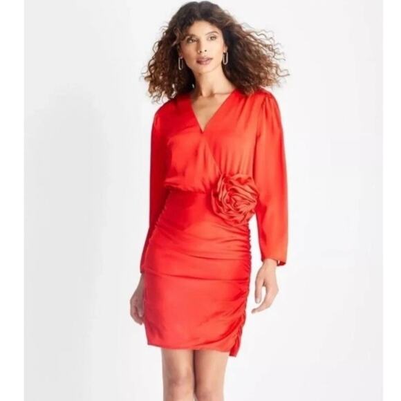 NWT Future Collective Rosette Long Sleeve Surplice V-Neck Mini Dress Red US 10 - Picture 1 of 16